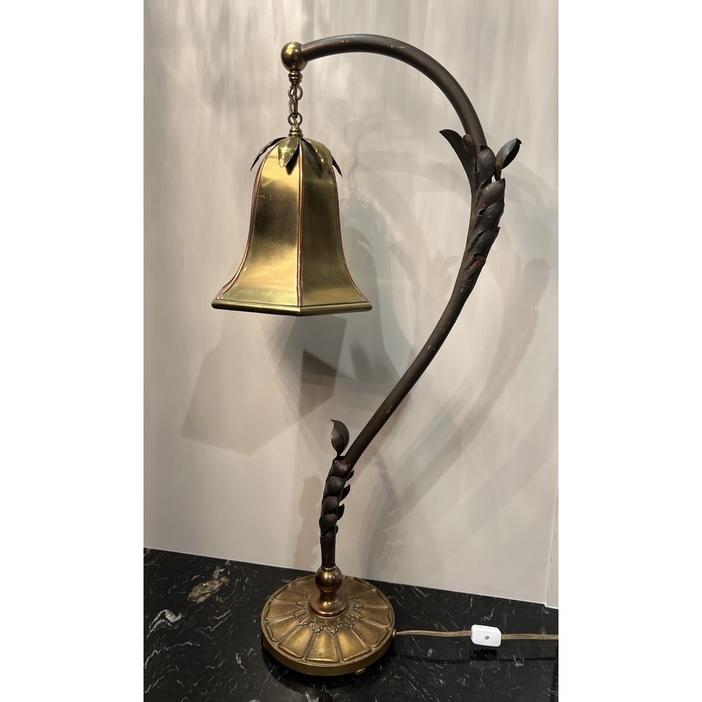 Vintage Art Nouveau Brass Tulip Lamp Metal Shade 27" Tall